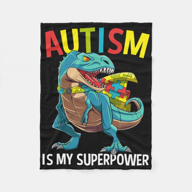 Cobertor De Velo Autismo É Meu Superpoder Dinosaur Puzzle Piece  (Frente)