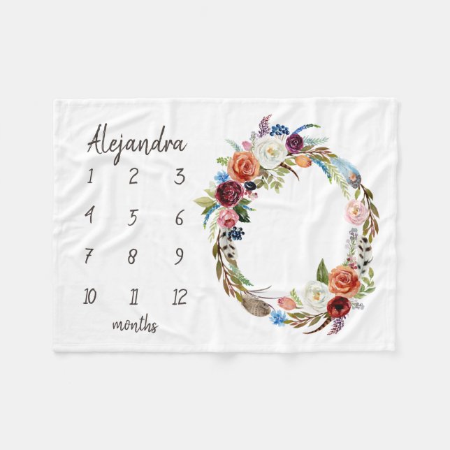 Cobertor De Velo Autumn Boho Blooms Monograma Baby Milestone Foto (Frente (Horizontal))