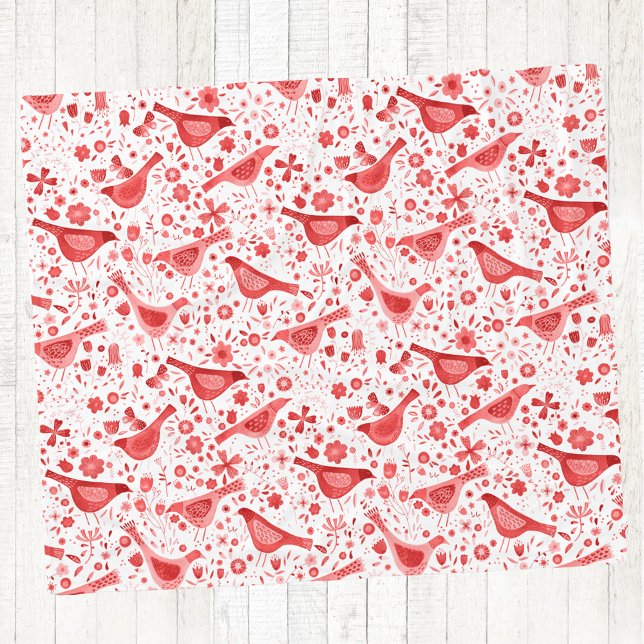 Cobertor De Velo Ave Aquarela Vermelha (Red and white watercolor bird pattern art fleece blanket)