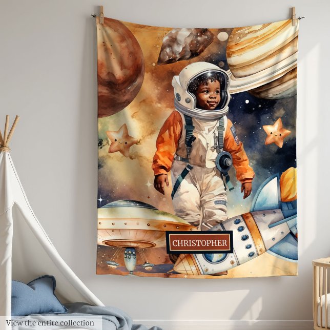 Cobertor De Velo Aventura Espacial Amêijoa Meninos Negros Bonitos B (Space Adventure Blanket Cute Black Boys Gift Idea)