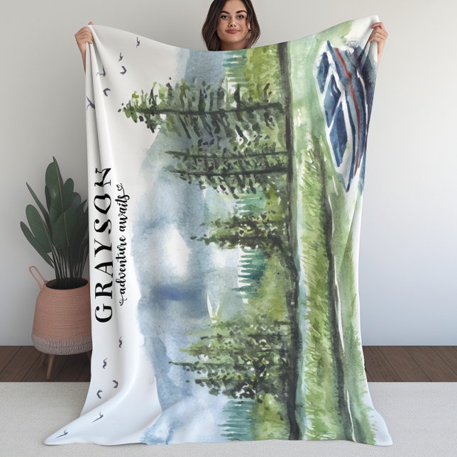 Cobertor De Velo Aventura Russo de Montanha com Barco + Nome Person (Rustic Mountain Adventure with Boat + Custom Name Fleece Blanket (L))