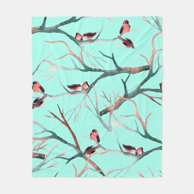 Cobertor De Velo Aves nos ramos das árvores pintadas à mão (Frente)