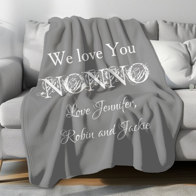 Cobertor De Velo Avô NONNO Nomes Personalizados Cachorro Moderno ("We Love You NONNO" personalized gray fleece blanket.)