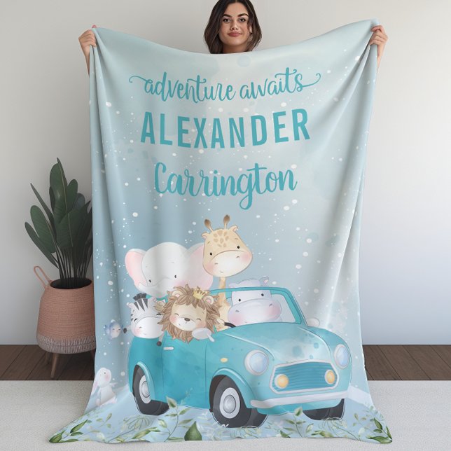 Cobertor De Velo Azul Aguarda Aquarelas Safari Animais (Blue Adventure Awaits Watercolor Safari Animals Fleece Blanket)
