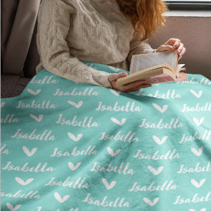 Cobertor De Velo Azul Aqua Nome Personalizado em Aberto com Coraçõe
