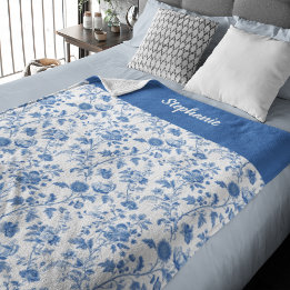Cobertor De Velo Azul Branco Floral Personalizado Nome