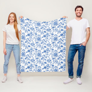 Cobertor De Velo Azul Branco Floral Toile Vintage