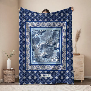 Cobertor De Velo Azul Chic toile monograma de willow chinoiserie br