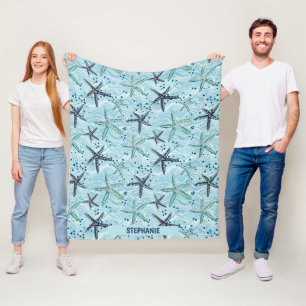 Cobertor De Velo Azul-claro e Starfish Dourado no padrão das ondas