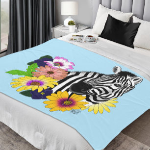 Cobertor De Velo Azul de Zebra Colorida Floral Fauna Margarida
