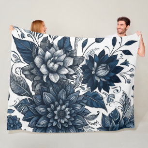 Cobertor De Velo Azul e Branco Estampa Floral Boêmia