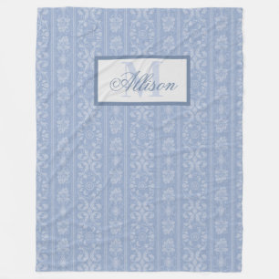 Cobertor De Velo Azul Elegante e Damasco Floral Branco Monograma