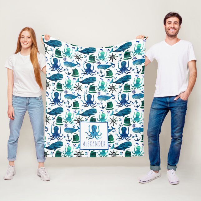 Cobertor De Velo Azul Náutico Cor Sob O Octopus Marítimo (In Situ)