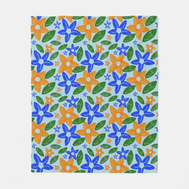 Cobertor De Velo Azul Retro & Floral Laranja  (Frente)