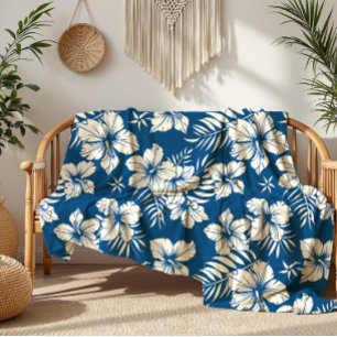 Cobertor De Velo Azul tropical e Floral branco
