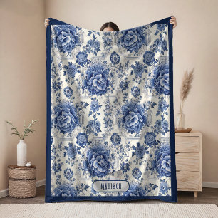 Cobertor De Velo Azul Vintage Branco Chinoiserie Toile Monograma