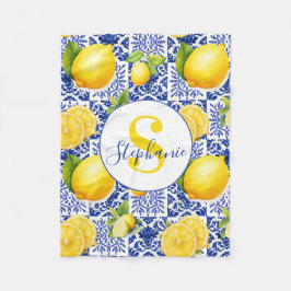 Cobertor De Velo Azulejo Azul Branco com Limão Nome Monograma Citri