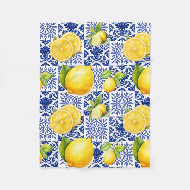 Cobertor De Velo Azulejo Azul Branco com Padrão de Limão Mediterrân (Frente)
