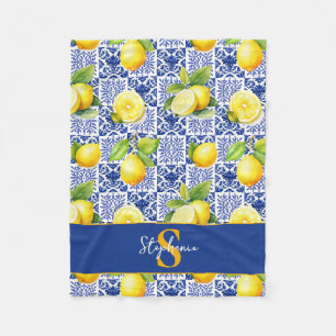 Cobertor De Velo Azulejo Limão Azul Branco Nome Monograma Citrino