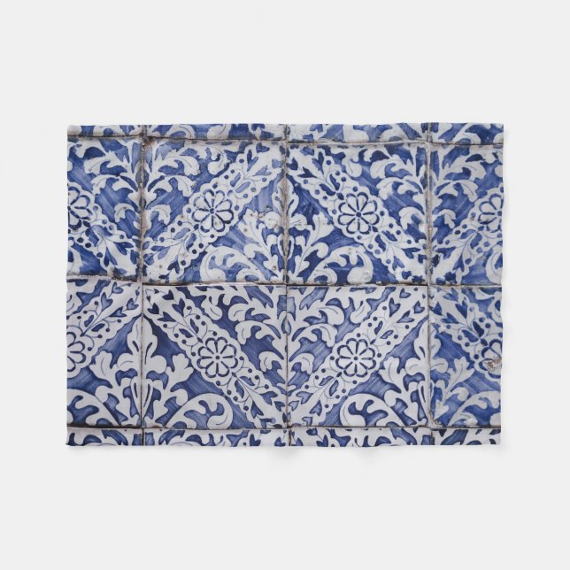 Cobertor De Velo Azulejos Portugueses - Azulejo Azul e Branco Flora (Frente (Horizontal))