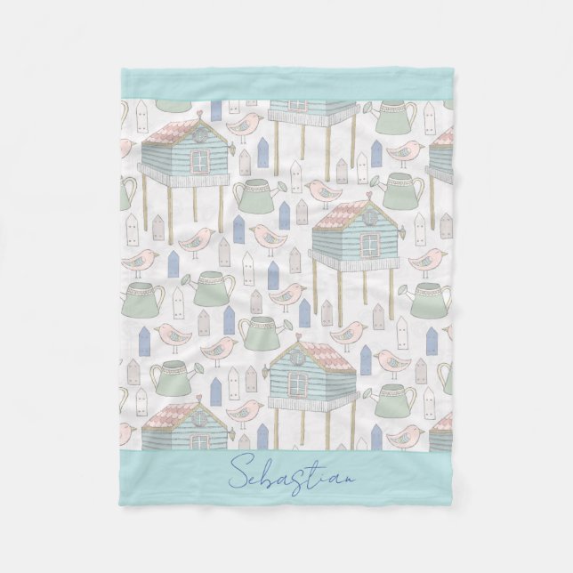 Cobertor De Velo Baby Boy Nursery Country Teal Birds House Padrão (Frente)