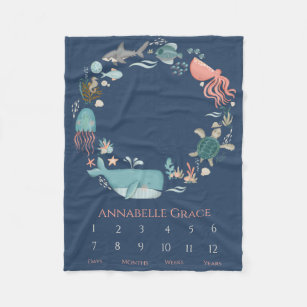 Cobertor De Velo Baby Milestone Ocean Animal Wreath