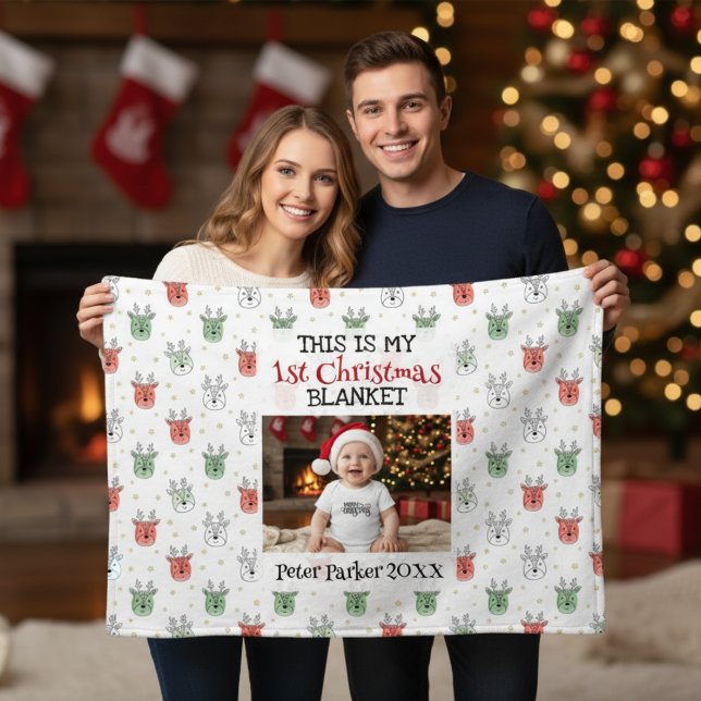 Cobertor De Velo Baby’s First Christmas Custom Name Photo Reindeer  (Criador carregado)