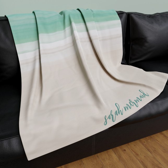 Cobertor De Velo Balão de Areia Turquesa do Oceano Moderno (A modern turquoise sea and a sandy beach fleece blanket waiting for you to add your name.)