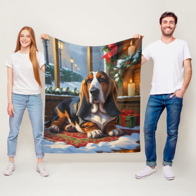 Cobertor De Velo Basset Hound With Christmas Lights Holiday  (In Situ)