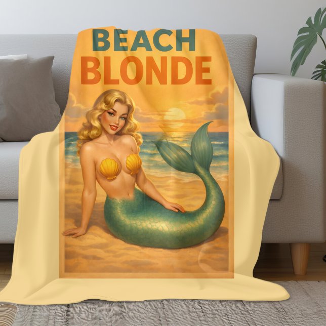 Cobertor De Velo Beach Blonde Pin-Up Mermaid | Yellow Retro Coastal (Criador carregado)