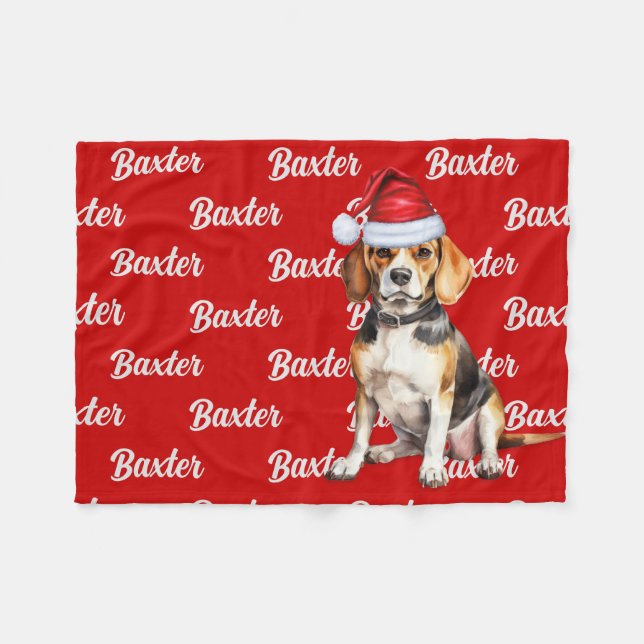 Cobertor De Velo Beagle em Vermelho com Nome Cão de Natal (Frente (Horizontal))