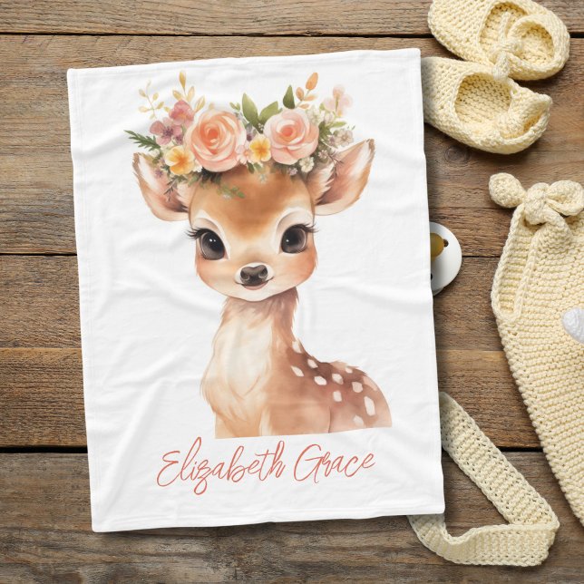 Cobertor De Velo Bebê Deer Flowers Rosa em Bebê Presente (Baby Deer with Pink Flowers on head Baby Blanket. Personalize it Monogram it with babies name.)