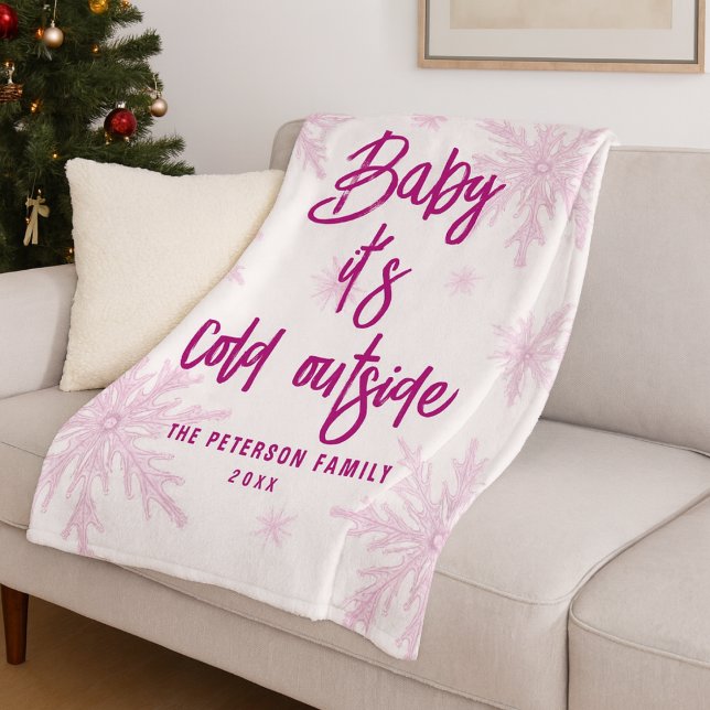 Cobertor De Velo Bebê Está Frio Lá Fora Flocos de Neve Rosa Script  (Criador carregado)