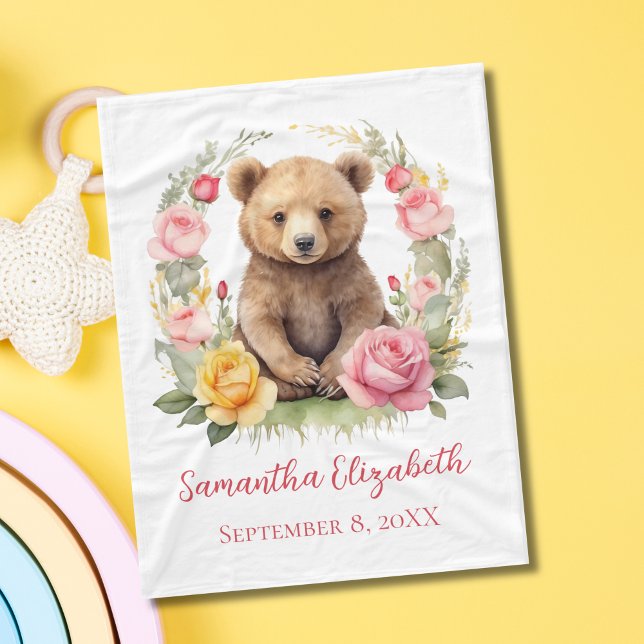 Cobertor De Velo Bebê Personalizado Urso Rosa Amarelo Rosa Bebê (Personalized Birth name and date, Baby Bear with Pink Yellow Flowers Roses Baby Blanket)