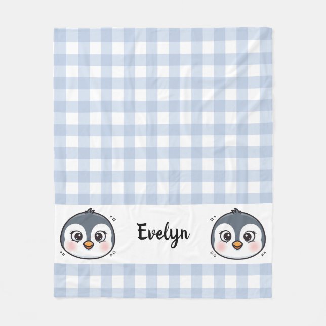Cobertor De Velo Bebê Pinguim Fofo Kawaii Cara Xadrez (Frente)
