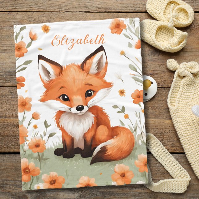 Cobertor De Velo Bebê Raposa Pêssego Flores Chá de fraldas Presente (Baby fox peach flowers personalized monogrammed baby girl blanket. Baby Shower gift, new baby gift)