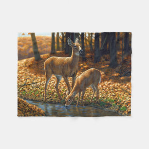 Cobertor De Velo Bebendo Whitetail Doe e Fawn de um Stream