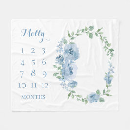 Cobertor De Velo Bebês Meses Azul Monograma Floral