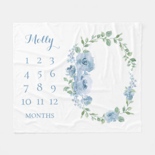 Cobertor De Velo Bebês Meses Azul Monograma Floral