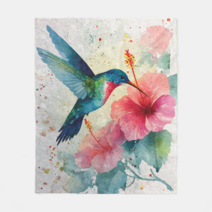 Cobertor De Velo Beija-flor Colorido Rosa Floral Aquarela Manta