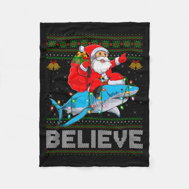 Cobertor De Velo Believe Xmas Funny Santa Riding Shark Ugly Christm (Frente)