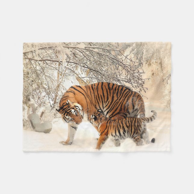 Cobertor De Velo Belo Tigre com Filhote na Neve (Frente (Horizontal))