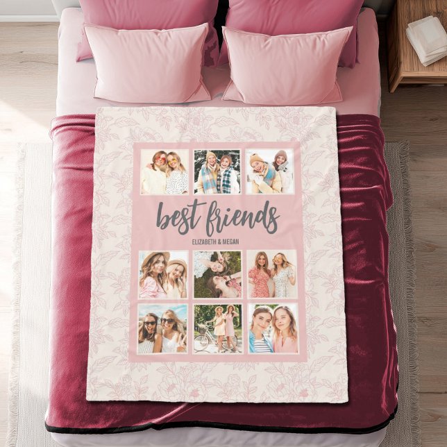 Cobertor De Velo Best Friends BFF Pink Photo Collage with Names (Personalize this pretty pink best friends blanket with 6 photos and your names. Makes a fun gift.)
