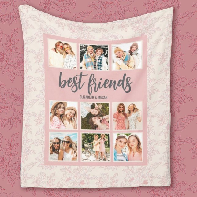 Cobertor De Velo Best Friends BFF Pink Photo Collage with Names (Personalize this pretty pink best friends blanket with 6 photos and your names. Makes a fun gift.)