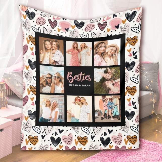 Cobertor De Velo Best Friends Stylish BFF Friendship Photo (A cute best friends blanket with a heart pattern background. Personalize 8 photos and your names.)