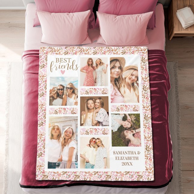 Cobertor De Velo Best Friends Stylish BFF Friendship Pink Photo (A pretty floral 7 photo best friends blanket. Personalize it with the names and photos of your best.)