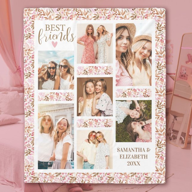 Cobertor De Velo Best Friends Stylish BFF Friendship Pink Photo (A pretty floral 7 photo best friends blanket. personalize it with your names and photos.)