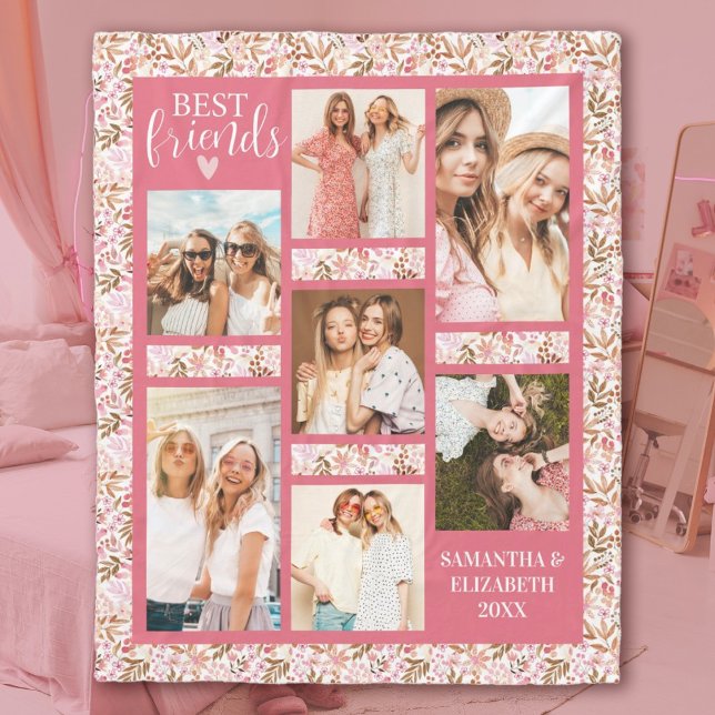 Cobertor De Velo Best Friends Stylish BFF Friendship Pink Photo (A cute pink floral best firends photo blanket. Personlaize it with your photos and names.)