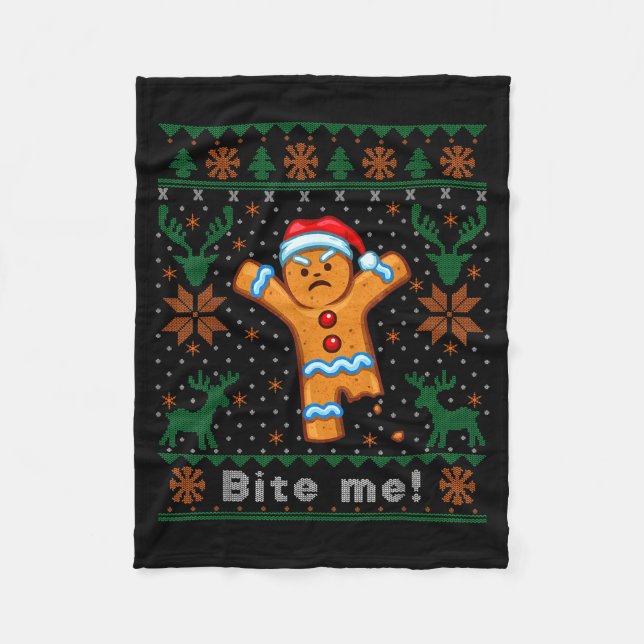 Cobertor De Velo Bite Me Gingerbread Man - Funny Ugly Christmas Swe (Frente)