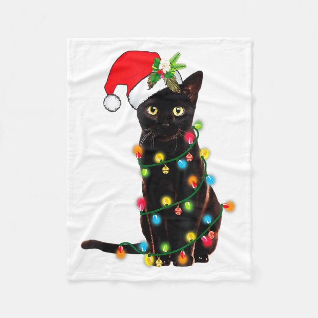 Cobertor De Velo Black Cat Santa Tangled Up In Christmas Lights _1  (Frente)